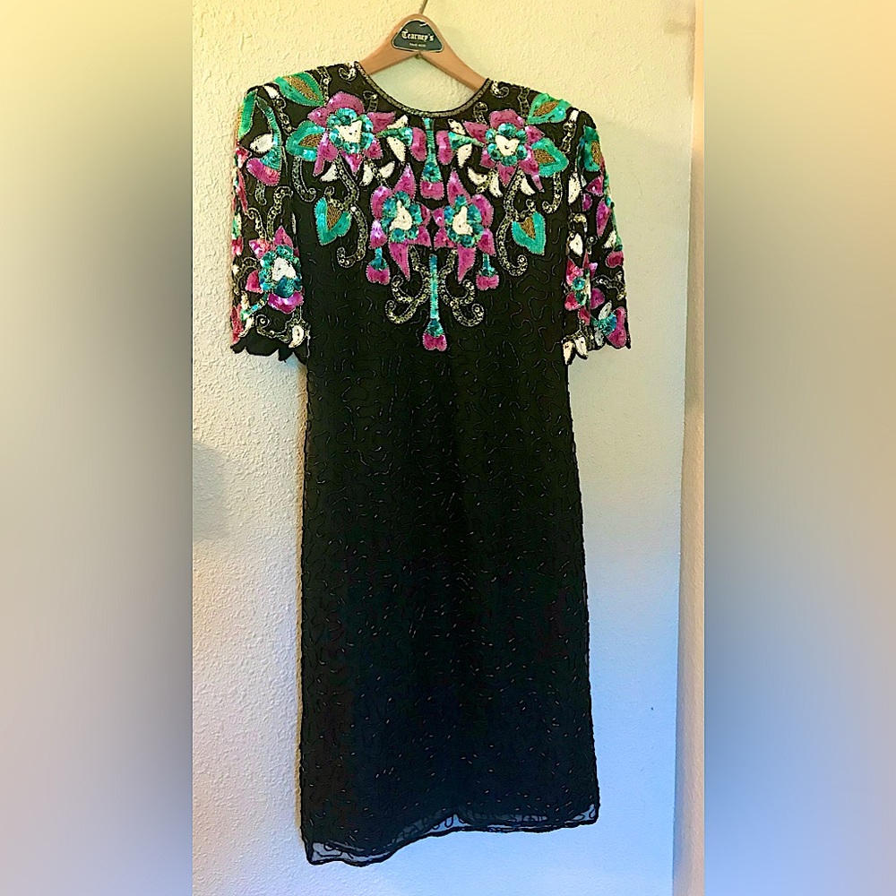 Vintage Carina Evening Dress Medium Black Silk With Beading And Sequins